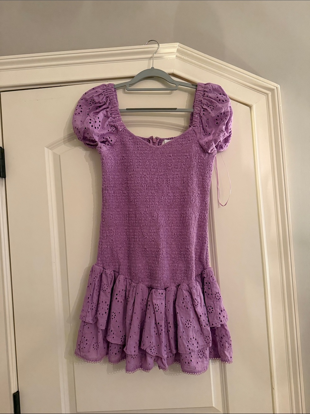Likely Lavender Puff-Sleeve Eyelet Ruffle Dress